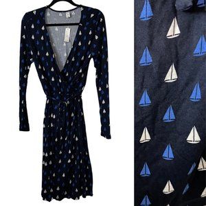 NWT Old Navy long sleeved sailboat print faux wrap dress SZ Med in blue and whit